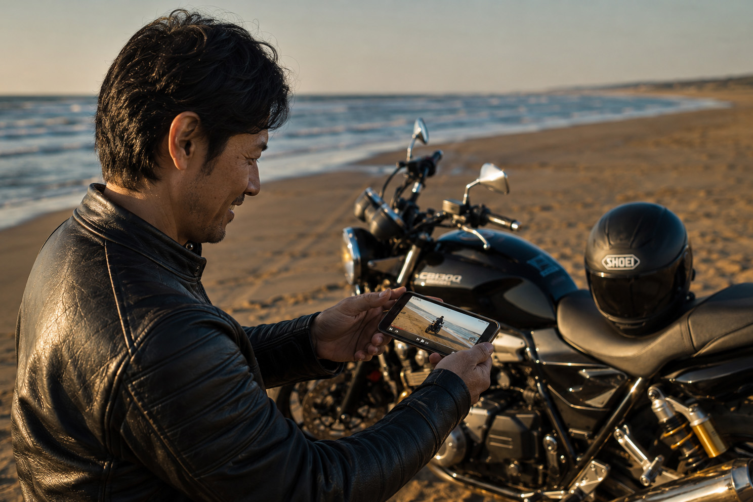 撮影データをスマートフォンで確認するライダー